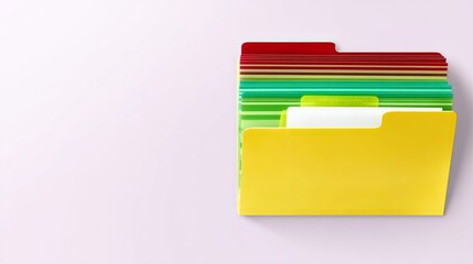 A stack of colorful file folders and papers, including a bright yellow folder, are neatly organized on a clean, light-colored surface.