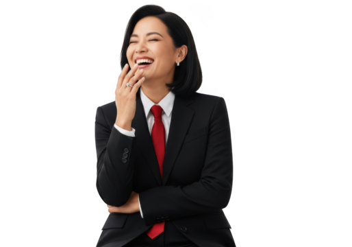Joyful asian woman in professional black suit and red tie laughing with hand on face isolated on transparent background
