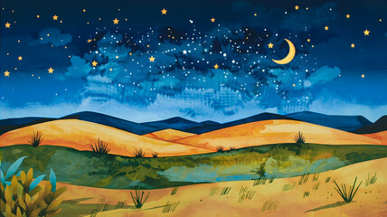 Night desert landscape with crescent moon and starry sky illustration
