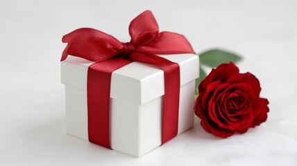 Obraz premium Elegant white gift box tied with satin red ribbon accompanied by a single red rose on a clean white background for valentine’s day celebration, romantic gift concept, and love-themed decoration