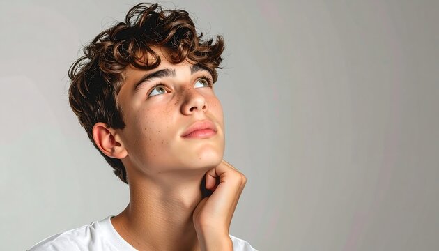 Teenage boy with curly brown hair gazes upwards, hand gently touching his chin, against a plain, light background