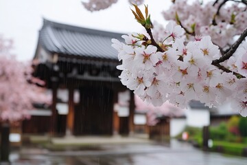 Pink cherry blossoms in soft focus, raining on an ancient Japanese temple