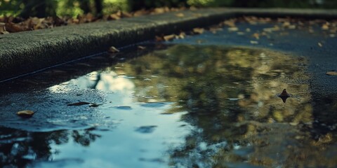 Puddle reflecting trees and sky on a curb