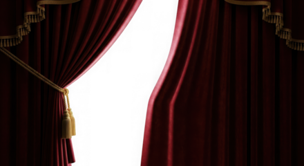 Red velvet theater curtains opening to reveal a dark stage isolated on transparent background