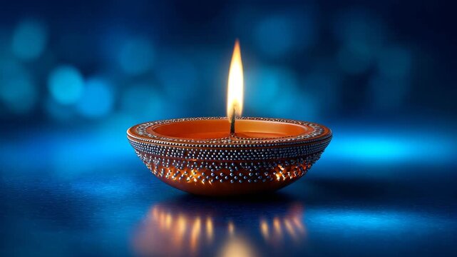 Golden diya lamp lit with flame and sparkles on a dark blue background