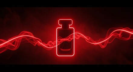 Perfume bottle with glowing red outline and wavy light trails on dark background