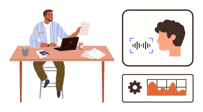 Man at desk analyzing papers, laptop, and voice interface visuals with sound waves and metrics. Ideal for AI, technology, innovation, data analysis, voice recognition, communication collaboration