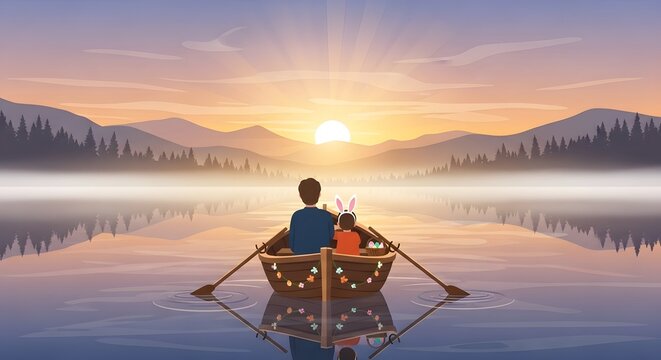 Person and rabbit in a rowboat on a calm lake at sunrise illustration