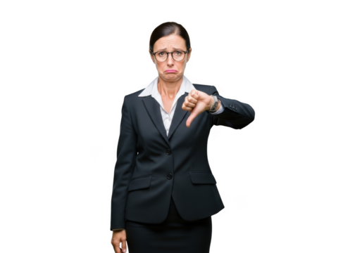 A serious businesswoman wearing glasses and a dark suit expresses disapproval with a thumbs down gesture isolated on transparent background