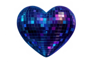 Blue and purple heart shaped disco ball reflecting lights for party romance and celebration