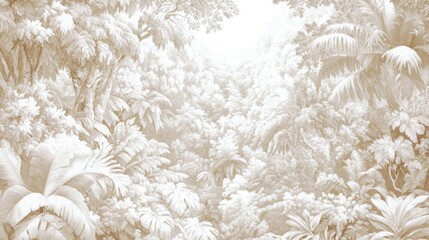 Warm toned dense tropical jungle foliage canopy view in soft light, serene and lush