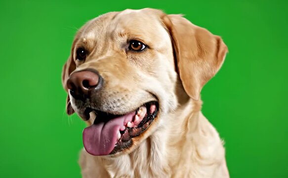 Close-up of a happy Labrador Retriever with its tongue out against a green background.