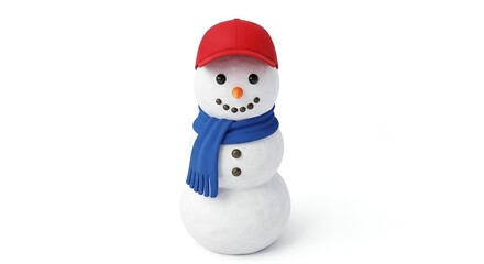 Fototapeta premium A happy snowman stands cheerfully, wearing a red cap and a blue scarf on white background.