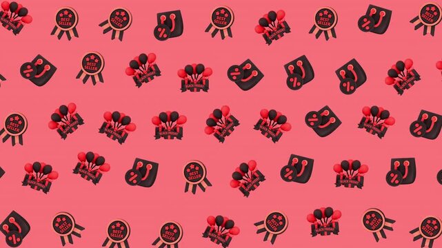 Seamless pattern featuring pet-themed celebration icons like hearts with paw prints, medals, gift boxes, and cars with balloons on a vibrant pink background.