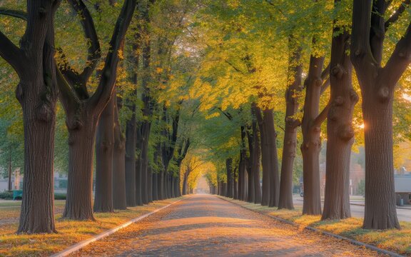 Autumn pathway lined with tall trees casting long shadows in warm golden sunlight