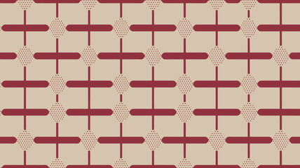 A repeating pattern of red lines and dotted diamonds on a beige background creating a symmetrical design