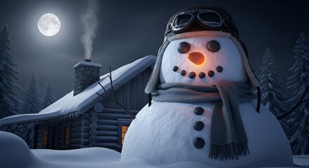 A charming winter scene features a whimsical snowman standing near a cozy log cabin at night.
