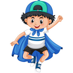 Smiling Cartoon Boy Wearing A Blue Superhero Cape And Matching Hat Joyfully Posing With One Arm Raised High In The Air Against A White Background