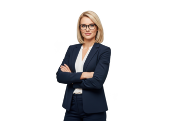 Professional blonde businesswoman wearing glasses and a dark suit with arms crossed confidently isolated on transparent background