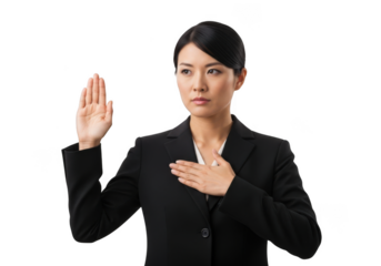 Serious asian woman in business attire raising hand and placing hand on chest isolated on transparent background