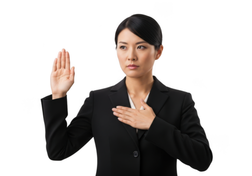 Serious asian woman in business attire raising hand and placing hand on chest isolated on transparent background - Powered by Adobe