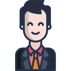 Smiling cartoon man with dark hair wearing a black suit red shirt and orange tie against a transparent background illustration