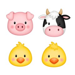Set of cute cartoon farm animals including a pig, cow, and two ducks with bright colors and playful expressions suitable for children's illustrations or educational materials