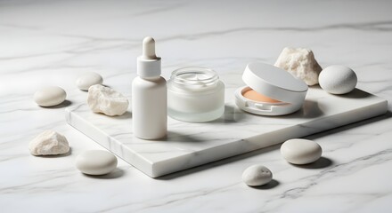 A minimalist arrangement of skincare products and natural stones on a marble surface for beauty and wellness presentation
