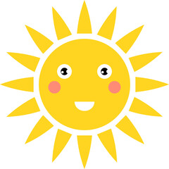 Smiling Cartoon Sun Character with Bright Yellow Rays and Pink Cheeks on a Transparent Background