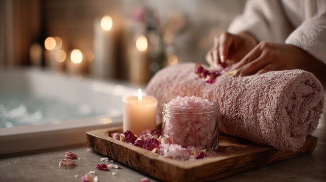 A cozy spa scene featuring a towel, candle, bath salts, and petals. Person arranging petals