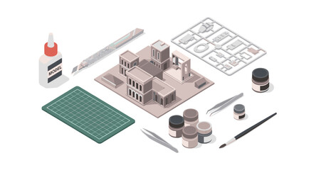 Isometric model building kit with tools for craft enthusiasts