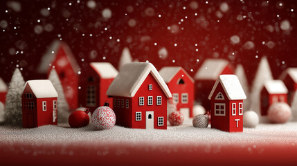 A charming winter village scene, adorned with snow-covered rooftops, cozy red houses, and festive ornaments, evokes the warm feeling of the holiday season and brings a touch of magic and serenity.