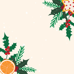 Cute template for New Year's or Christmas design. Square layout with fir branches, holly, foliage, berries and copy-space for social media post. Vector graphics