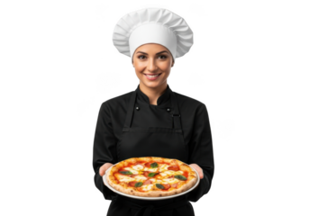 Smiling female chef wearing a white hat and black uniform presenting a delicious freshly baked pizza isolated on transparent background