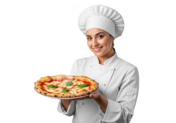 Smiling female chef in white uniform and hat presents a delicious hot pizza with toppings isolated on transparent background