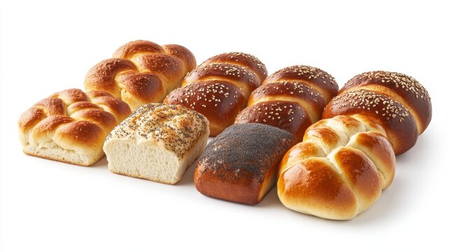 Freshly baked loaves of golden braided bread with sesame and poppy seeds on white background