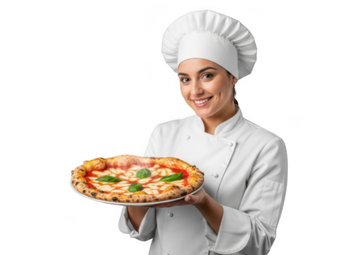 Smiling female chef in white uniform and hat presents a delicious hot pizza with toppings isolated on transparent background - Powered by Adobe