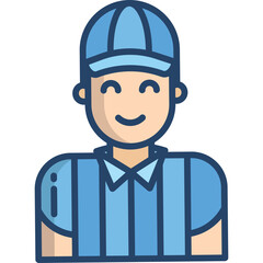 Smiling Male Referee Wearing Blue Uniform and Hat Isolated on White Background with Simple Line Art Style