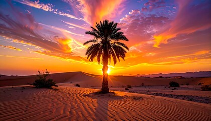 Solitary palm tree silhouetted against a vibrant sunset over sandy dunes