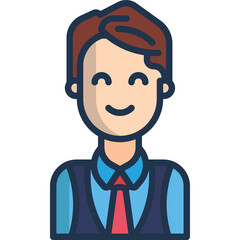 Smiling Man Icon with Blue Shirt Red Tie and Dark Vest with Transparent Background
