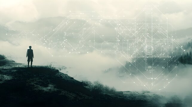 Silhouette of a person standing on a hill overlooking a misty landscape with a futuristic geometric overlay representing technology and innovation