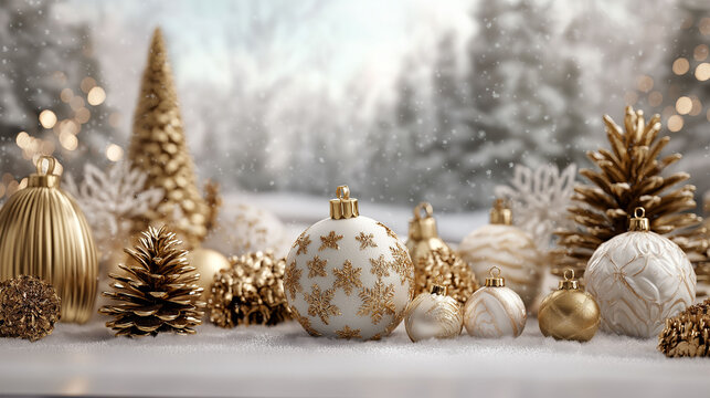 Golden ornaments and pine cones sparkle in the snow, set against a backdrop of a snow-covered forest, creating a festive holiday scene.