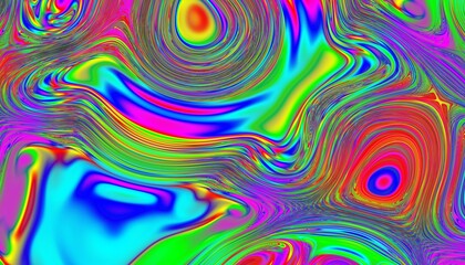 Psychedelic rainbow ridged topological map pattern background texture. Trippy hippy abstract wavy swirls dopamine dressing style fashion motif. Bright colorful neon retro wallpaper backdrop