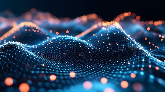 Abstract network visualization with glowing nodes and interconnected lines creating a futuristic data landscape for technology and science