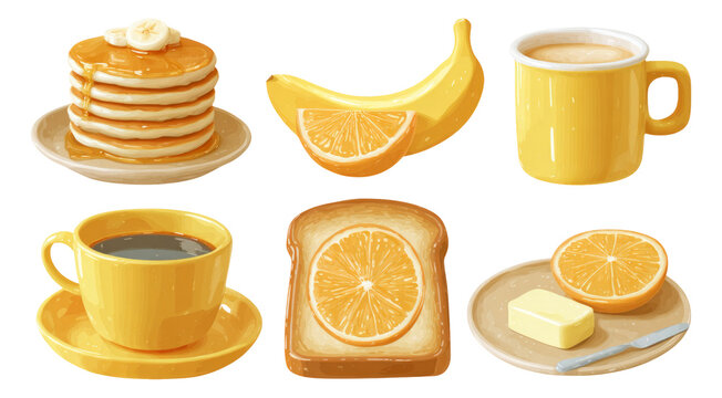 Yellow Food Arrangement Featuring Pancakes, Banana, Toast, and Coffee on Clear Background