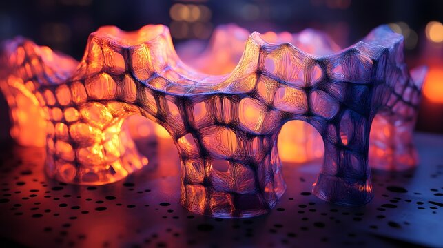 Abstract architectural model with intricate webbed design illuminated by warm orange and cool blue lighting creating a futuristic aesthetic