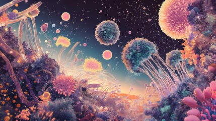 Microscopic world reveals vibrant cellular structures and biological forms in a colorful and abstract scientific visualization landscape