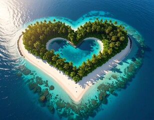 Aerial view of a heart-shaped island with lush green trees