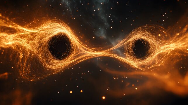 Two black holes warp spacetime with glowing orange energy in a cosmic dance of gravity and light creating a mesmerizing celestial phenomenon