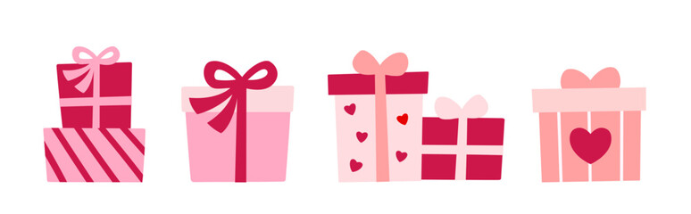 Valentine's Day gift box clipart set.
Red and pink gift wrapping flat vector illustration design.
For celebrating Valentine's Day, wedding,  mother's day, or birthday.
White background.
